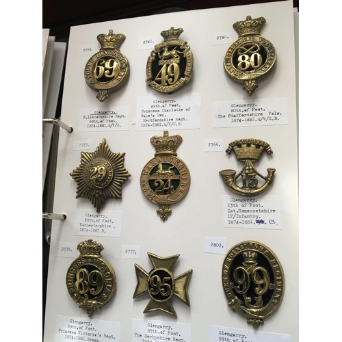 2040 - An album containing a collection of military brass badges Glengarry and others mounted on six cards ... 