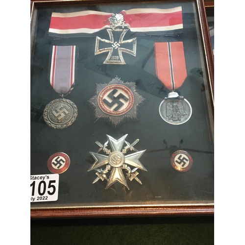 2105 - Three frames containing German Third Reich badges and iron cross presumed retrospective copys.