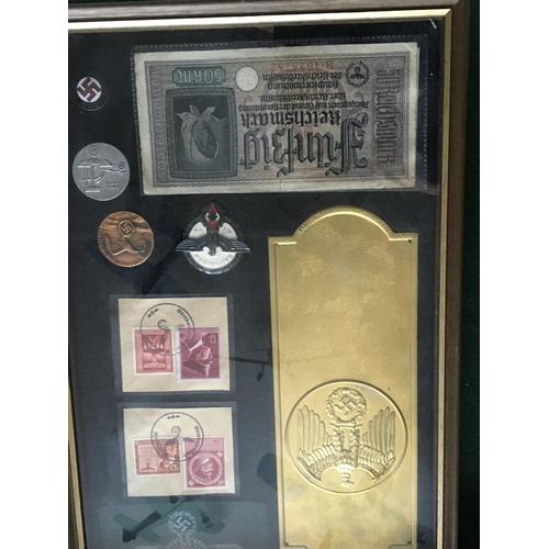 2106 - Three frames containing German Third Reich badges Luftwaffe badges and associated oddments most pres... 