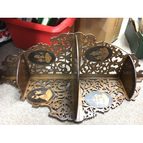 788 - An olive wood inlaid Sorrento corner shelf, an olive wood puzzle box and a Middle Eastern olive wood... 
