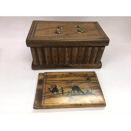 788 - An olive wood inlaid Sorrento corner shelf, an olive wood puzzle box and a Middle Eastern olive wood... 