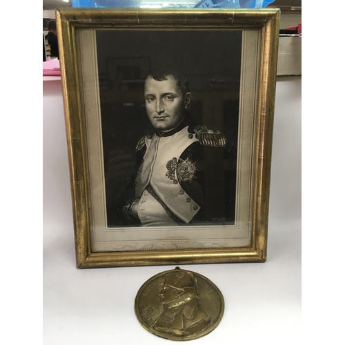 794 - A framed and glazed Georgian engraving and a bronze plaque of Napoleon Bonaparte.