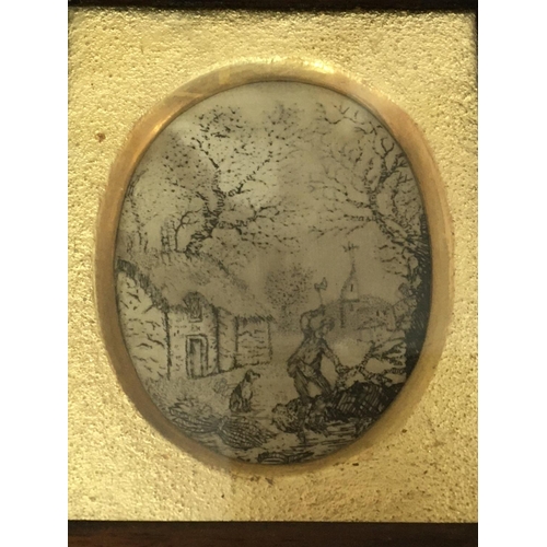796 - A Georgian silk picture depicting farmer scene, in a Rosewood frame