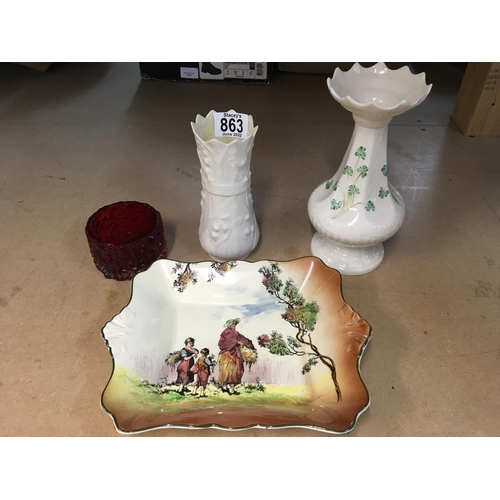 858 - A glass candle holder, a Doulton dish and two Belleek vases- one damaged.