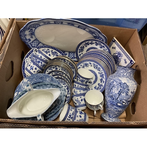 1063 - A Box of Blue and White pottery and Porcelain to include. Cauldron Tea service, Royal Doulton Bursle... 