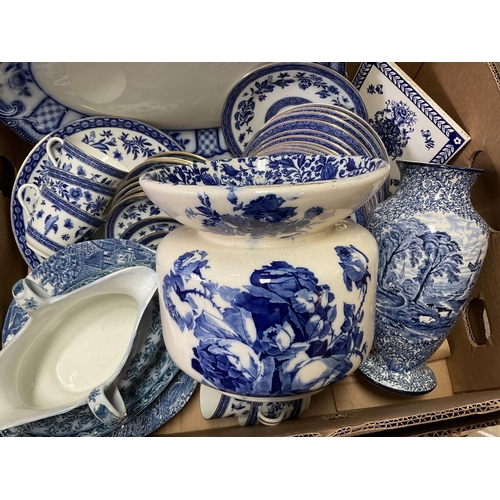 1063 - A Box of Blue and White pottery and Porcelain to include. Cauldron Tea service, Royal Doulton Bursle... 