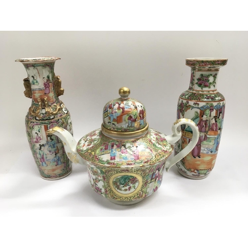 1191 - A Canton teapot and two Canton vases, approx height of tallest 26cm. Some damage, see images.