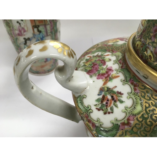 1191 - A Canton teapot and two Canton vases, approx height of tallest 26cm. Some damage, see images.