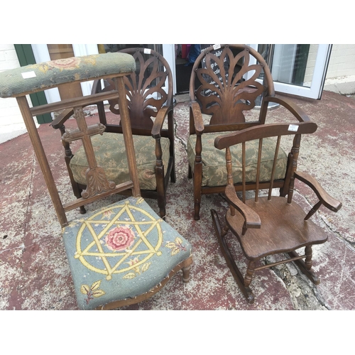 1251 - A pair of 1920s beechwood open arm chairs with shaped backs and drop in seats a Victorian prayer cha... 