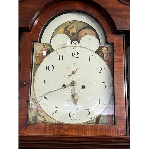 1283 - An early 19th Century painted dial moon face grandfather clock, marked to bell movement G.Ainsworth ... 