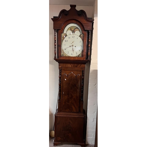 1283 - An early 19th Century painted dial moon face grandfather clock, marked to bell movement G.Ainsworth ... 