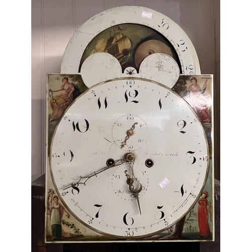 1283 - An early 19th Century painted dial moon face grandfather clock, marked to bell movement G.Ainsworth ... 