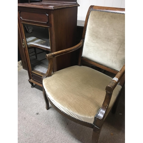 1312 - A French Empire early 19th century Mahogany open arm chair and an Edwardian cabinet with beveled edg... 