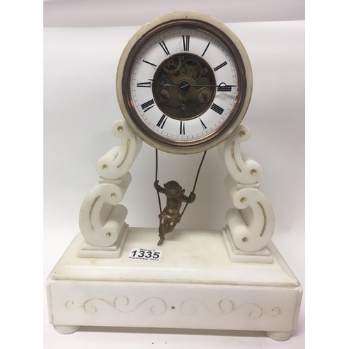 1335 - A French alabaster clock with swinging cherub maker- E. Farcot of Rue Trois Barnes Paris. With strik... 