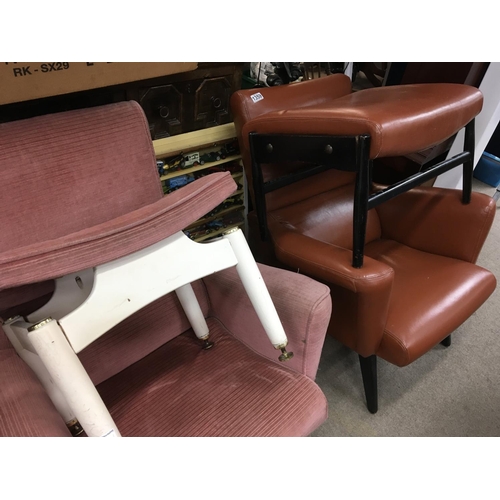 1359 - Two retro open armchairs one in pink dralon and brown simulated leather.