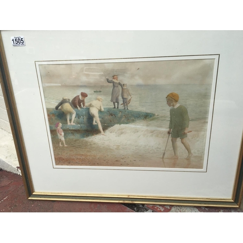 1505 - A framed late Victorian watercolour figures of children on a beach. Signed by George Arthur Gaskell.... 