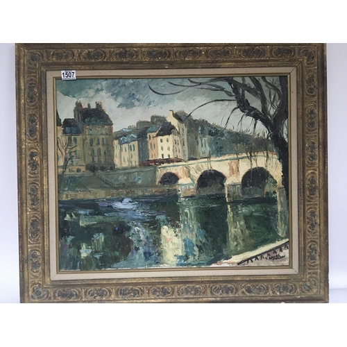 1507 - A French oil painting of impressionist influence river bridge and buildings Pont Marie signed Yves A... 