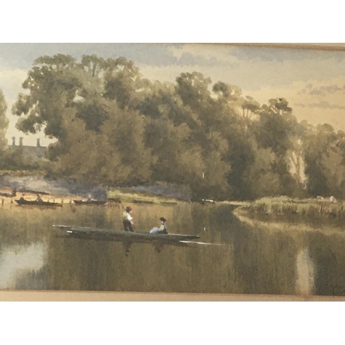 1509 - A pair of framed watercolours views across a lake with figures in a boat. Signed by the artist Major... 