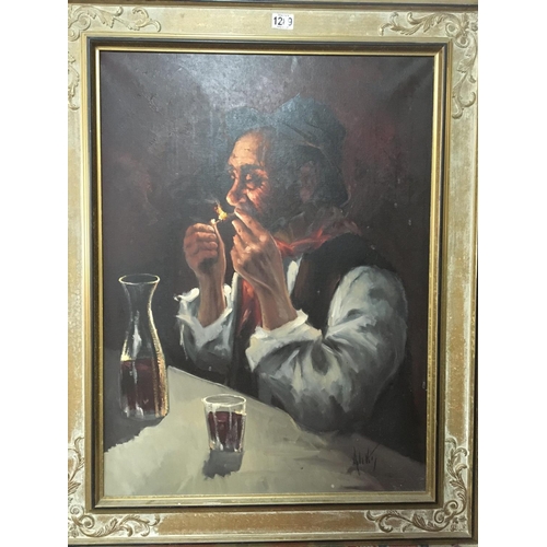 1511 - A signed framed oil on canvas depicting a elder striking a match at relaxation. 60cm x 80 cm NO RESE... 