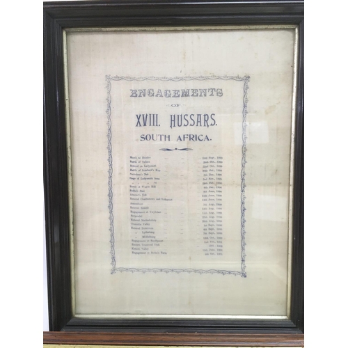 1552 - A framed silk commemorating the engagements of the XVIII Hussars in South Africa plus a framed battl... 