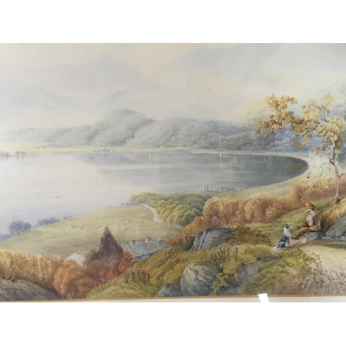 1557 - Three gilt framed Victorian British watercolours views across a Scottish Loch with figures. Signed H... 