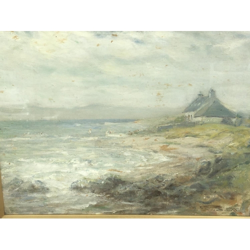 1561 - A quality gilt framed oil painting study of a Scottish coastal scene with Croft cottage. Signed by t... 