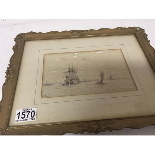 1570 - A framed watercolour depicting a moored British Navy Battleship with canons on the Thames with other... 