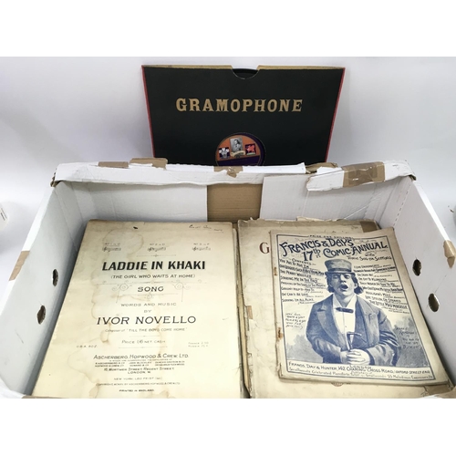 1716 - A box of antique sheet music and a scarce gramophone record 'Sportsmanship' by HRH Prince of Wales (... 