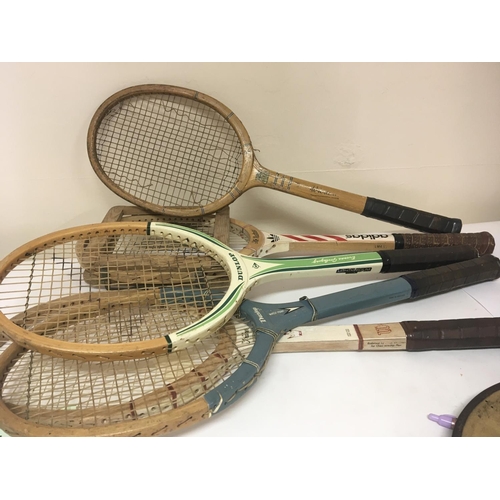 1947 - A collection of five Vintage tennis rackets some embossed with the names of famous successful tennis... 