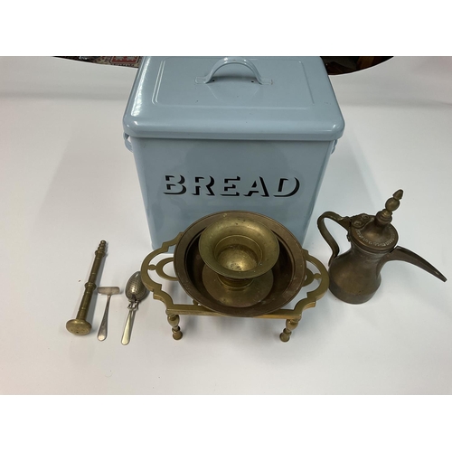 1949 - A small collection of vintage kitchen related items within a pale blue bread bin. NO RESERVE