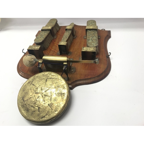 1988 - Unusual Victorian hall clothes brush holder, three good brushes with embossed brass backs and a bras... 