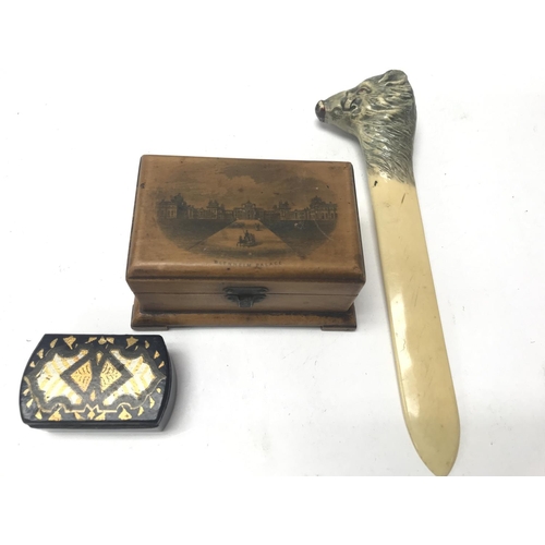 1992 - Small antique decorated snuff box, small box with Blenheim Palace on lid and unusual letter opener w... 