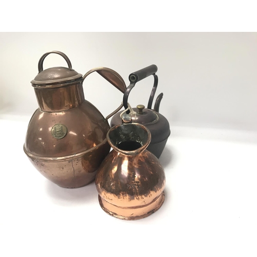 1995 - Old copper Guernesey milk jug, Victorian copper 1/2 pint jug and small copper kettle