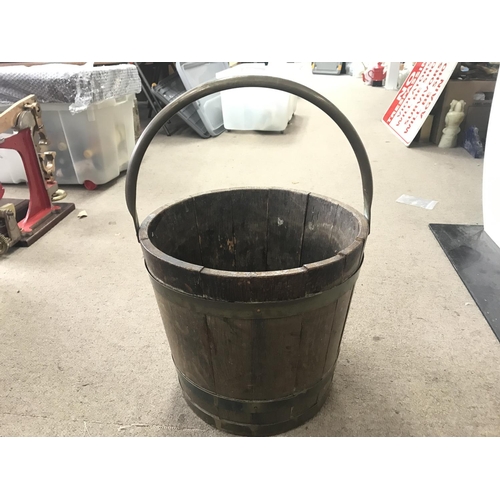 2002 - Old brass bound wooden bucket with brass handle