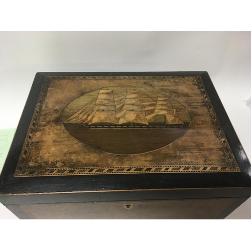 2045 - A Victorian sewing box the hinge lid inlaid with a three mast sailing ship enclosing a fitted interi... 