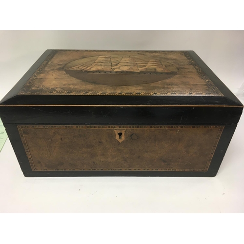 2045 - A Victorian sewing box the hinge lid inlaid with a three mast sailing ship enclosing a fitted interi... 