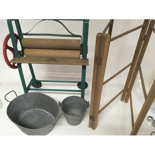 2064 - A Tri-ang childâs vintage washing kit with a mangle buckets and clothes airer.