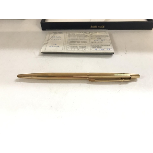 807 - A cased Caran DAche gold pen model number 0872.782. Comes with its certificate of insurance from whe... 