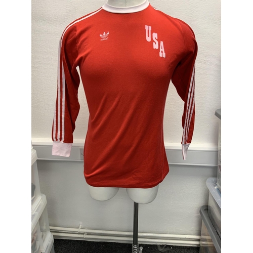 1018 - 1979 USA Match Worn Football Shirt: Red Adidas long sleeve with white trim. Worn in match v Republic... 