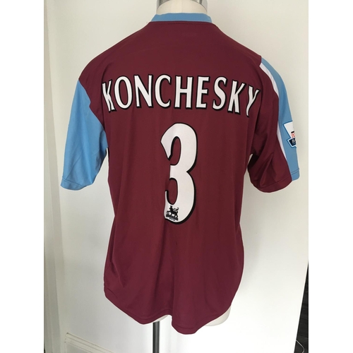 1019 - West Ham 2004 - 2005 Match Worn Football Shirt: Short sleeve home number 3 with Konchesky to rear. P... 