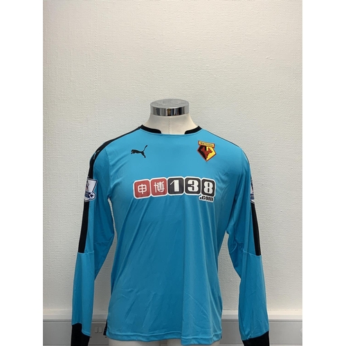 1143 - Watford 2015 - 2016 Match Worn Goalkeepers Football Shirt: Long sleeve number 1 with Premier League ... 