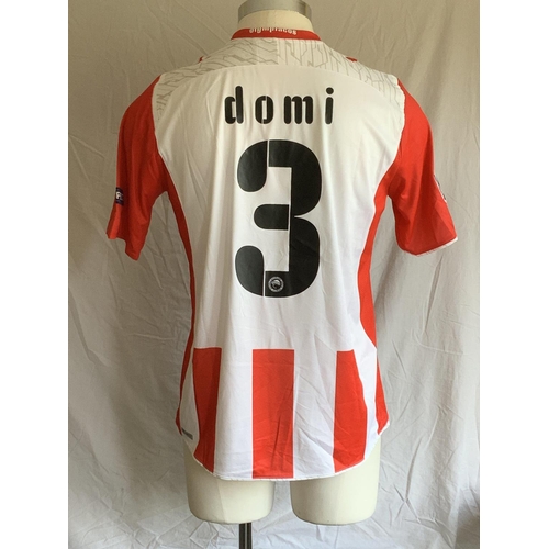 1291 - Olympiacos 2009 - 2010 Match Worn Football Shirt: Home short sleeve number 3 with Champions League b... 