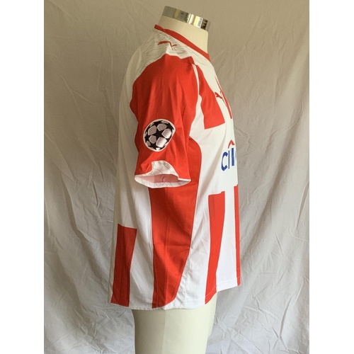 1291 - Olympiacos 2009 - 2010 Match Worn Football Shirt: Home short sleeve number 3 with Champions League b... 