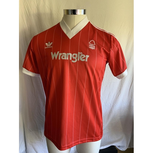 1367 - 1982-84 Nottingham Forest Match Worn Home Football Shirt: Red Adidas short sleeve shirt with Wrangle... 