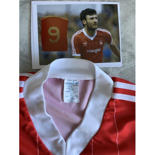 1367 - 1982-84 Nottingham Forest Match Worn Home Football Shirt: Red Adidas short sleeve shirt with Wrangle... 