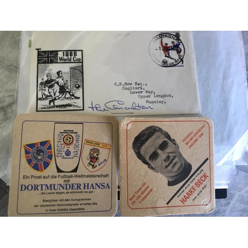 248 - 1966 World Cup Football Memorabilia: Small album containing 3 different beer mats, 15 winners stamps... 