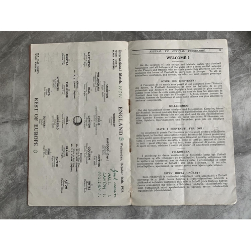 370 - 1938 England v Rest Of Europe Football Programme: Full International played at Arsenal. Good conditi... 