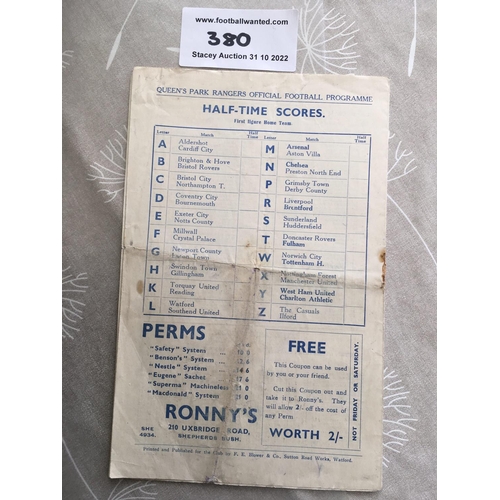 380 - 35/36 QPR v Clapton Orient Football Programme: Rusty staple removed. League match in fair condition ... 