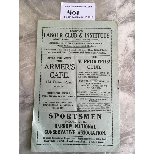 401 - 36/37 Barrow v Southport Football Programme: Christmas Day league match in good condition with no te... 