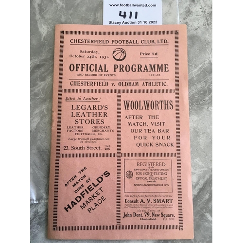 411 - 31/32 Chesterfield v Oldham Athletic Football Programme: 2nd Division match dated 24 10 1931. Very g... 